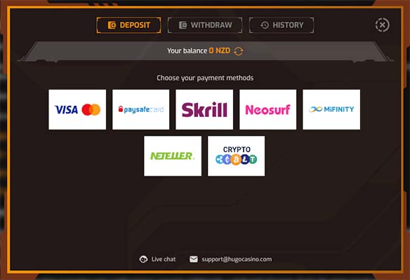Hugo Casino payment methods